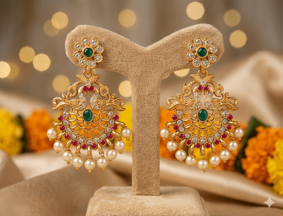 Antique Pearl Drop Chandbali Earrings with Ruby & Green Stones - Tara Dhara