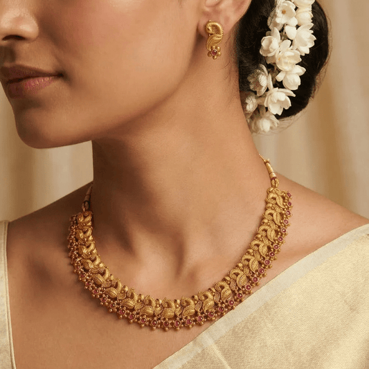 Antique Temple Leaf Necklace Set with Earrings - Tara Dhara