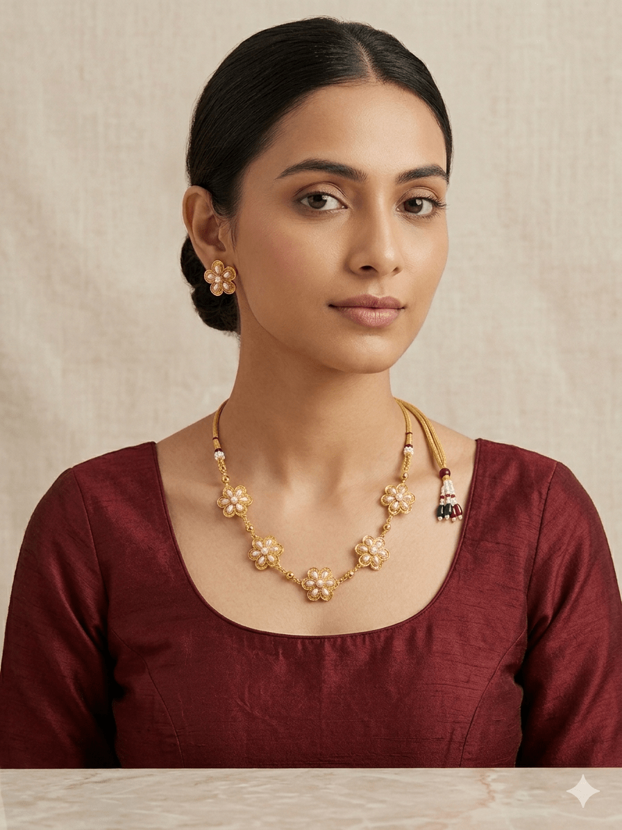 Elegant Floral Pearl Gold - Plated Necklace Set with Stud Earrings | Elegant Traditional Jewellery - Tara Dhara
