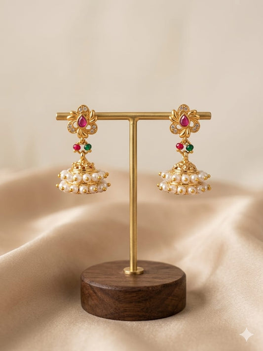 Gold - Plated Floral Pearl Jhumka Earrings with Red & Green Beads | Elegant Traditional Jewellery - Tara Dhara