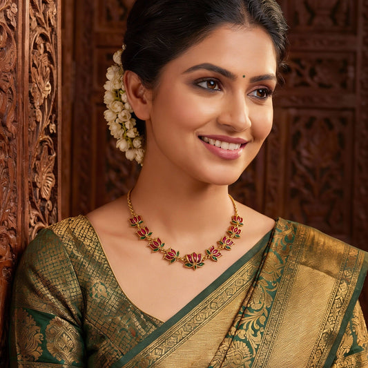 Minimal Maroon Lotus Choker Necklace Set with Earrings - Tara Dhara