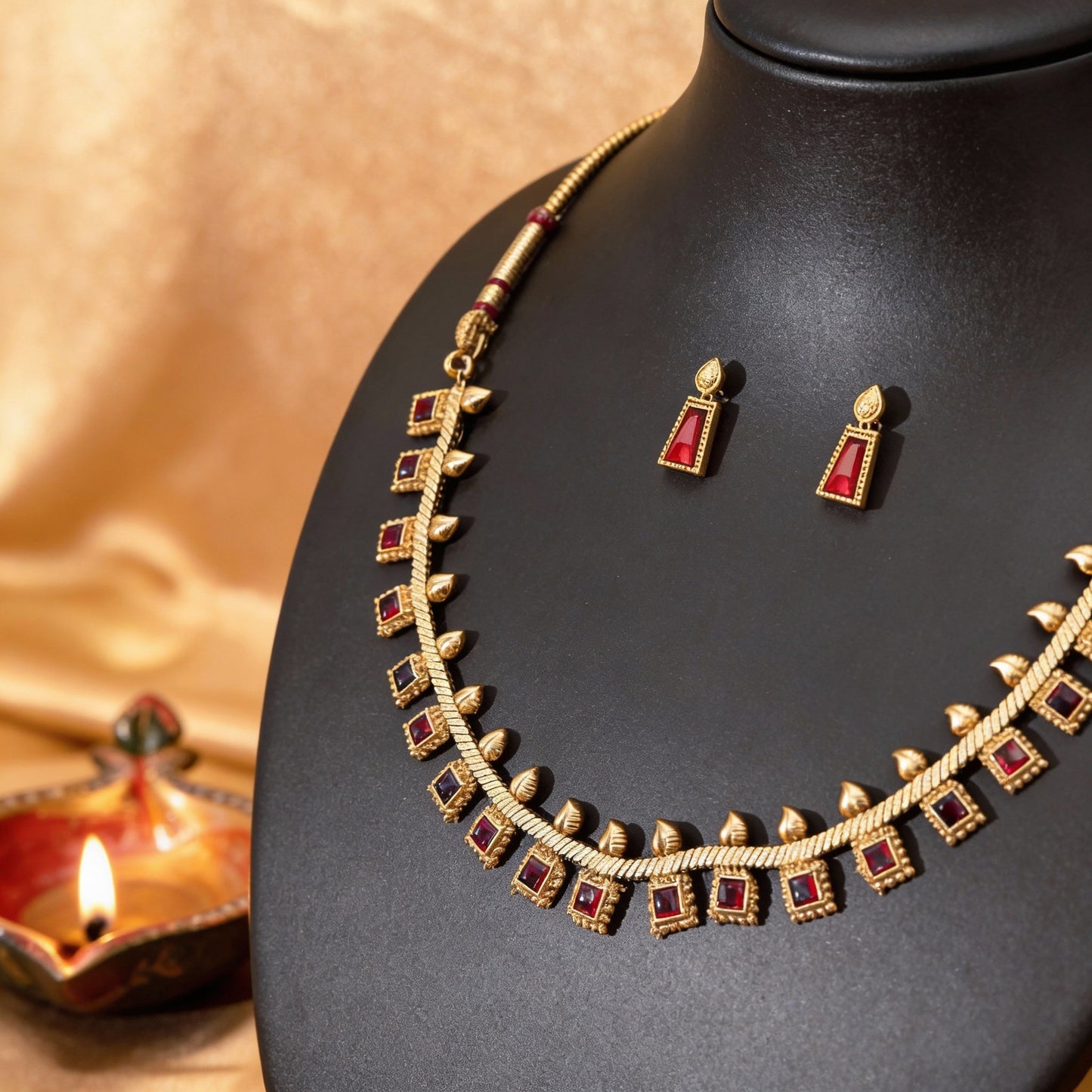 Minimal Ruby Choker Necklace Set with Earrings - Tara Dhara