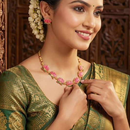 Pink Lotus Temple Necklace Set with Matching Stud Earrings - Tara Dhara