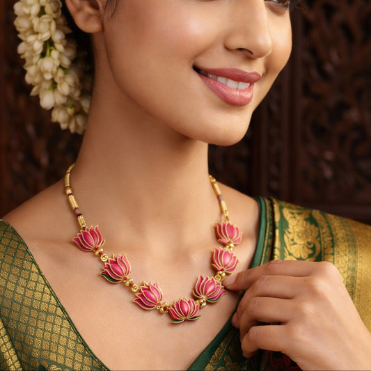 Pink Lotus Temple Necklace Set with Matching Stud Earrings - Tara Dhara