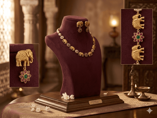 Royal Elephant Motif Temple Jewellery Set with Floral Pendant Accents - Tara Dhara