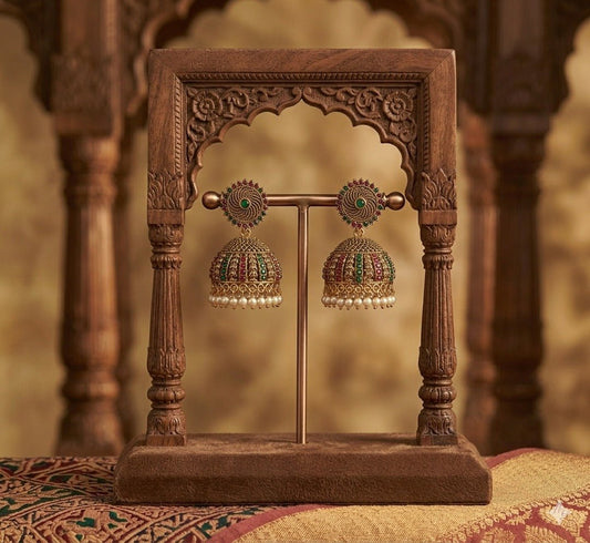 Royal Temple Dome Jhumka Earrings with Pearl Drops - Tara Dhara