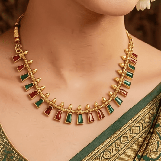 Ruby & Emerald Temple Necklace Set with Matching Stud Earrings - Tara Dhara