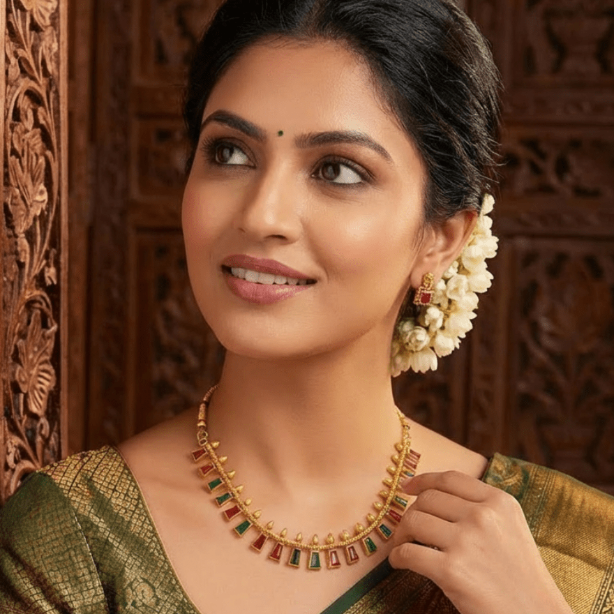 Ruby & Emerald Temple Necklace Set with Matching Stud Earrings - Tara Dhara
