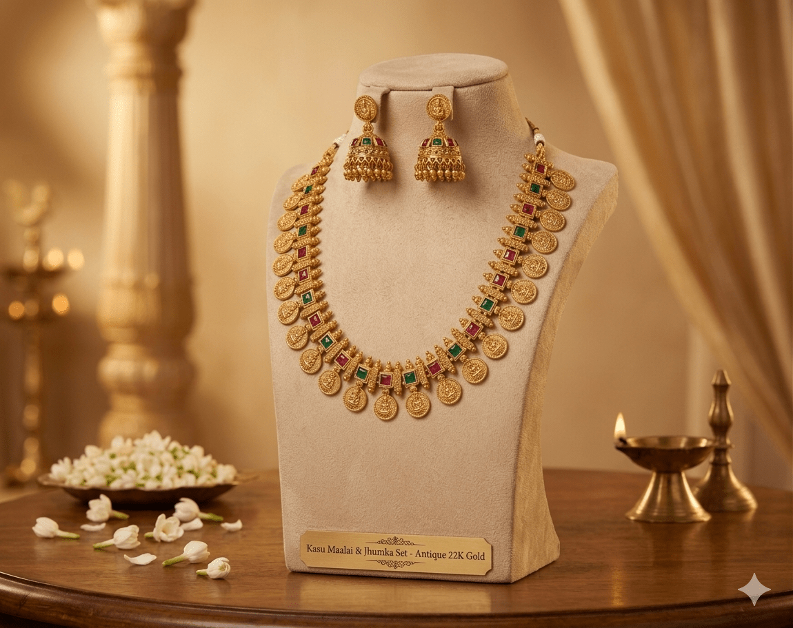 Traditional Gold - Tone Coin Necklace Set with Jhumka Earrings - Tara Dhara