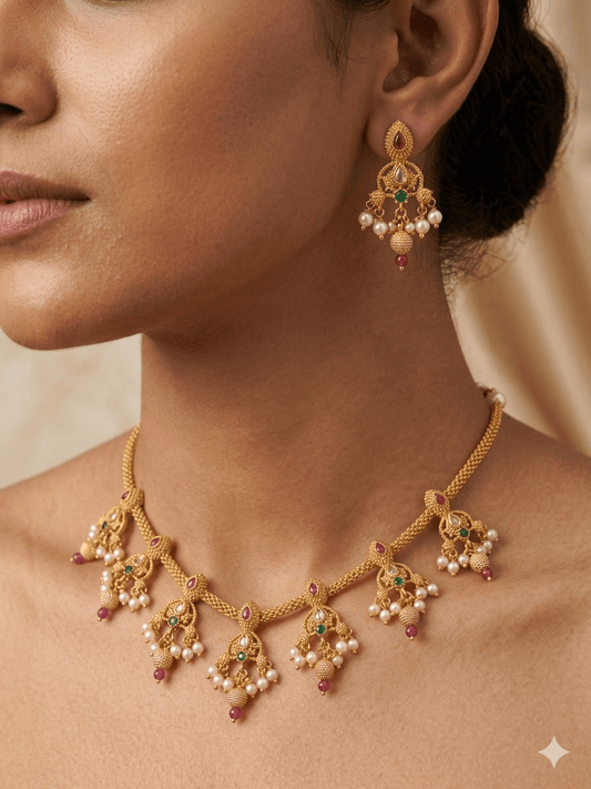 Traditional Gold - Tone Pearl Drop Choker Necklace Set with Earrings - Tara Dhara