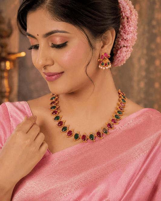 Traditional Ruby & Emerald Stone Necklace Set with Jhumka Earrings - Tara Dhara