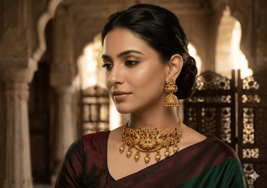 Traditional Temple Choker Necklace Set with Jhumka Earrings - Tara Dhara