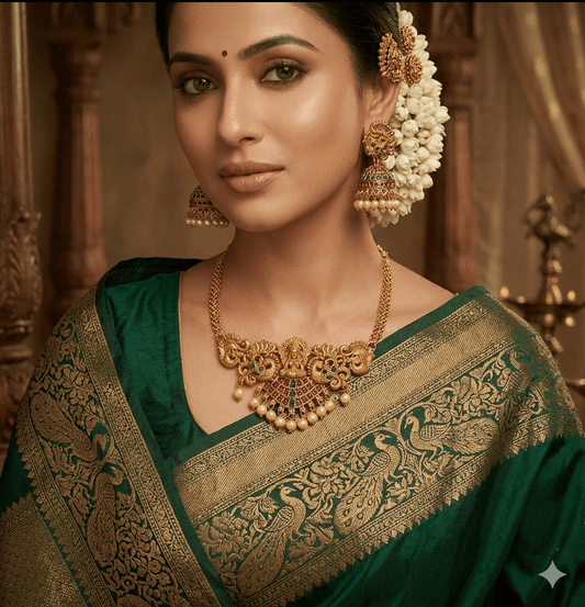 Antique Lakshmi Temple Necklace Set with Jhumka Earrings - Tara Dhara