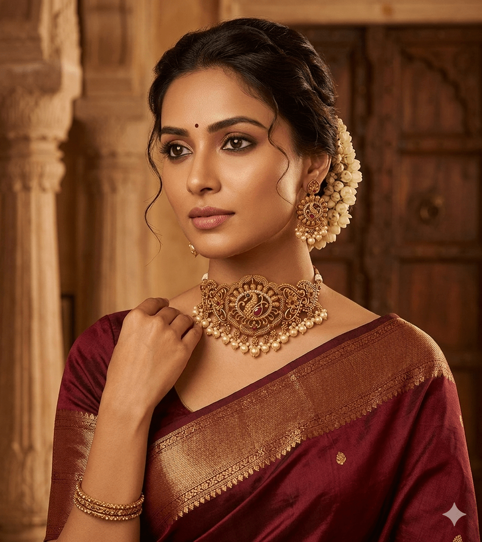 Antique Peacock Temple Choker Set with Pearl Drops - Tara Dhara