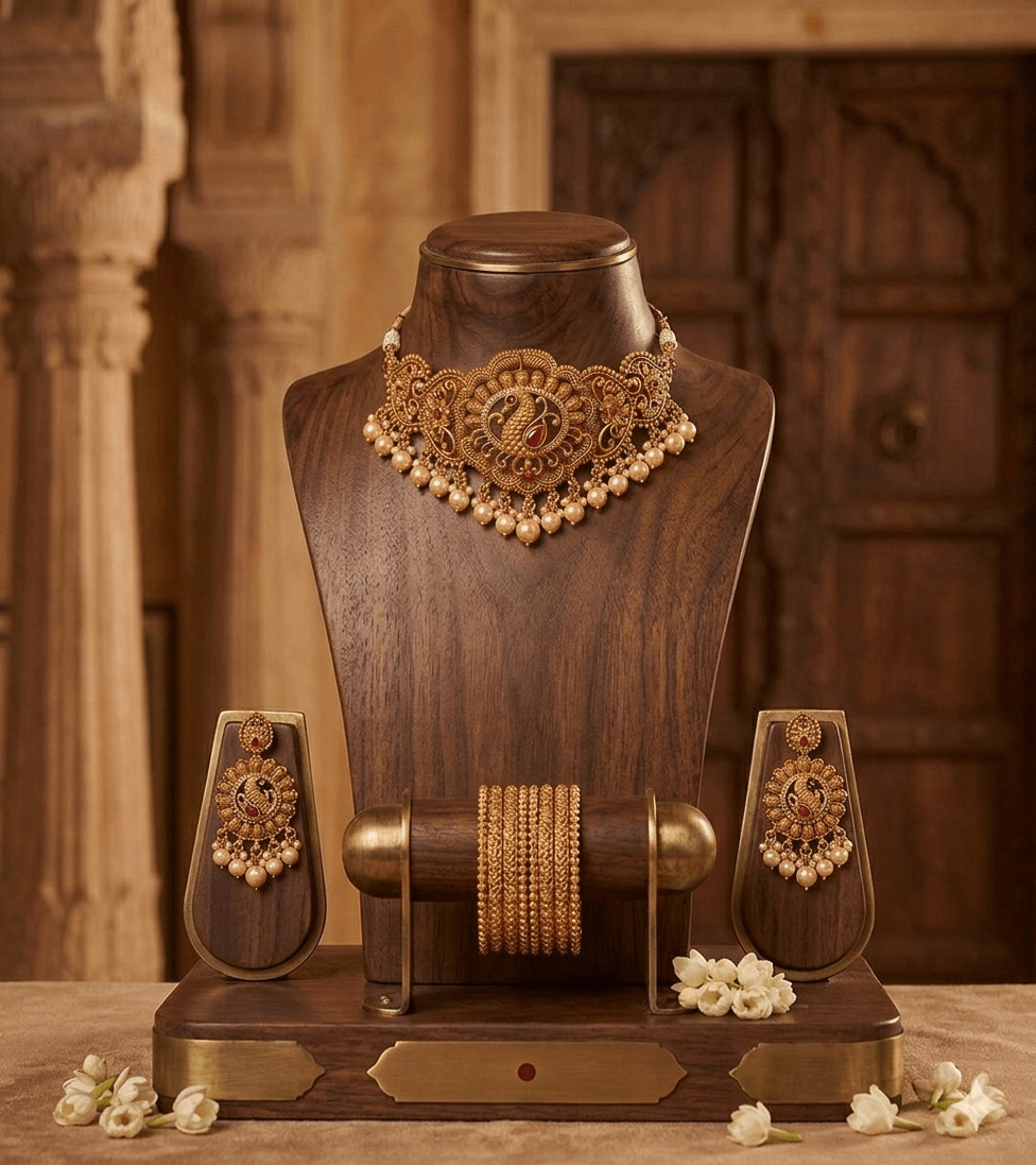 Antique Peacock Temple Choker Set with Pearl Drops - Tara Dhara
