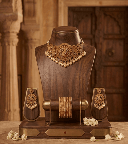Antique Peacock Temple Choker Set with Pearl Drops - Tara Dhara