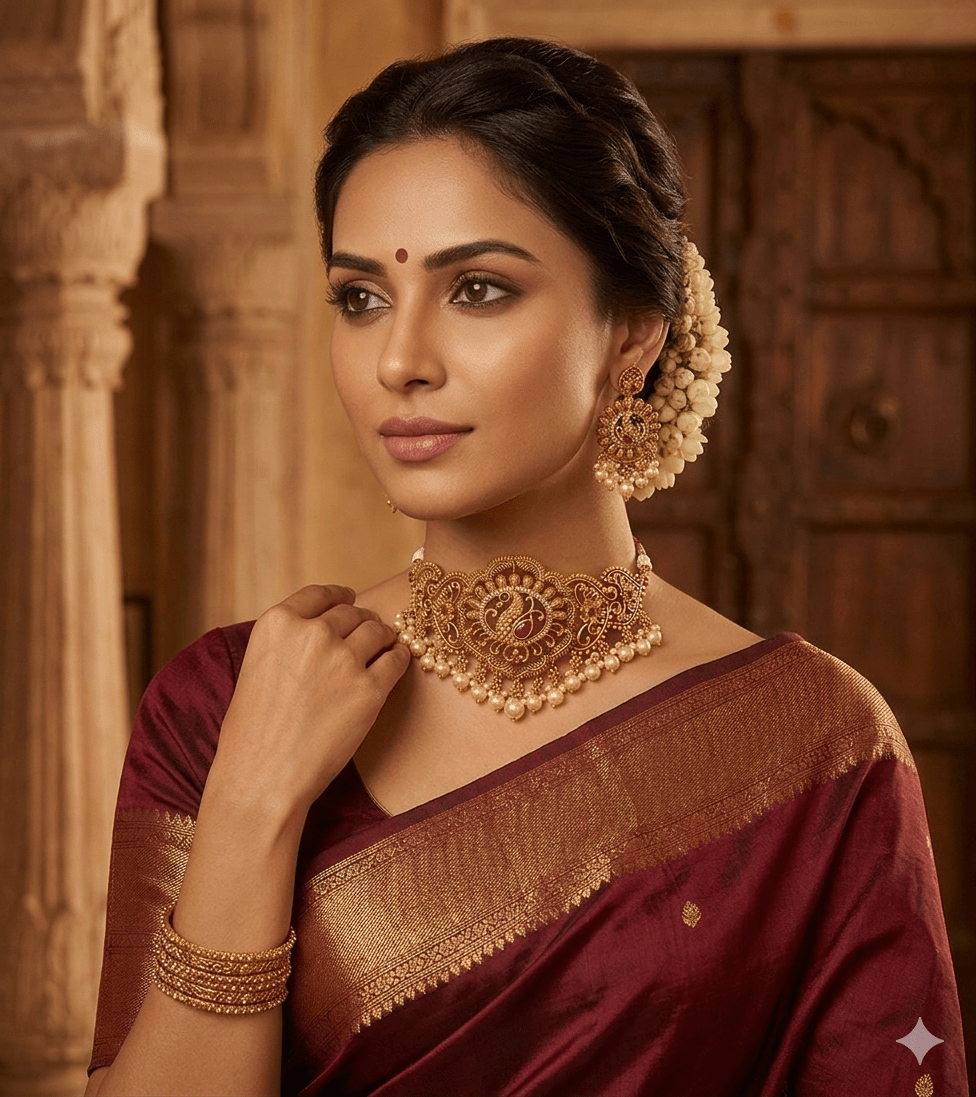 Antique Peacock Temple Choker Set with Pearl Drops - Tara Dhara