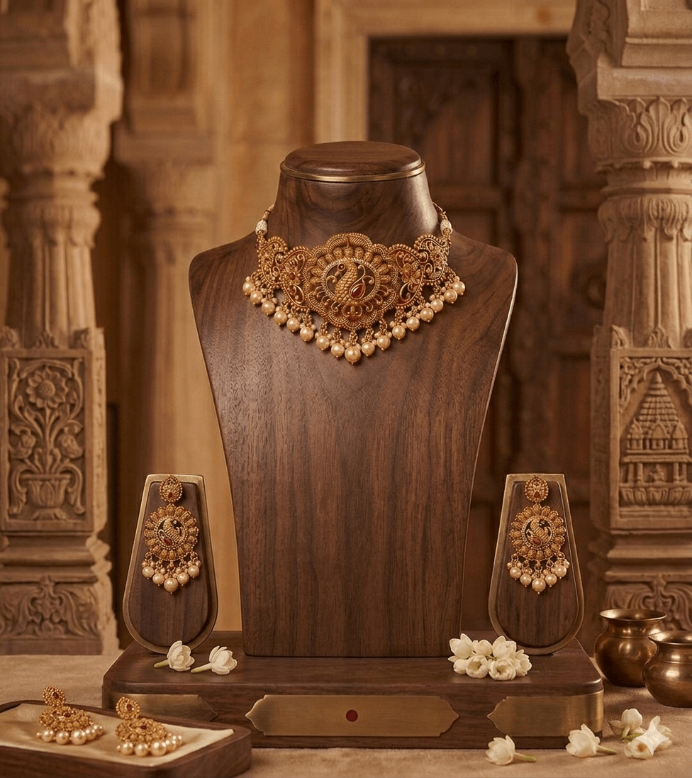 Antique Peacock Temple Choker Set with Pearl Drops - Tara Dhara