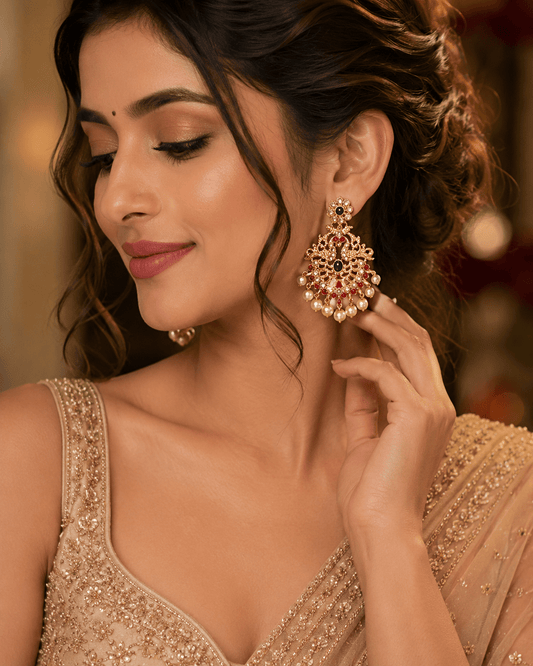 Antique Pearl Drop Chandbali Earrings with Ruby & Green Stones - Tara Dhara