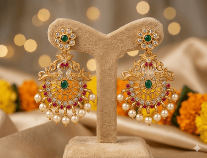 Antique Pearl Drop Chandbali Earrings with Ruby & Green Stones - Tara Dhara