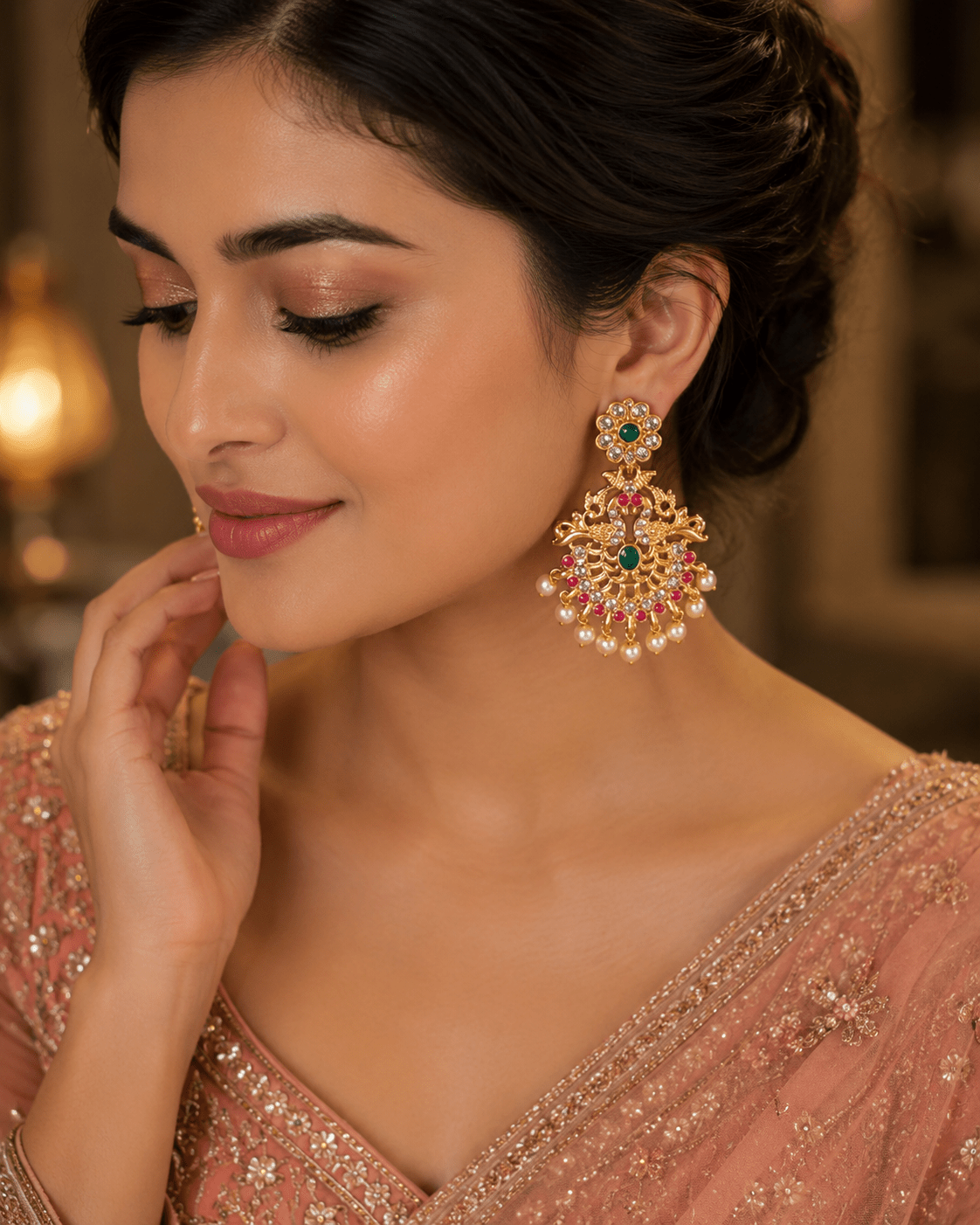 Antique Pearl Drop Chandbali Earrings with Ruby & Green Stones - Tara Dhara
