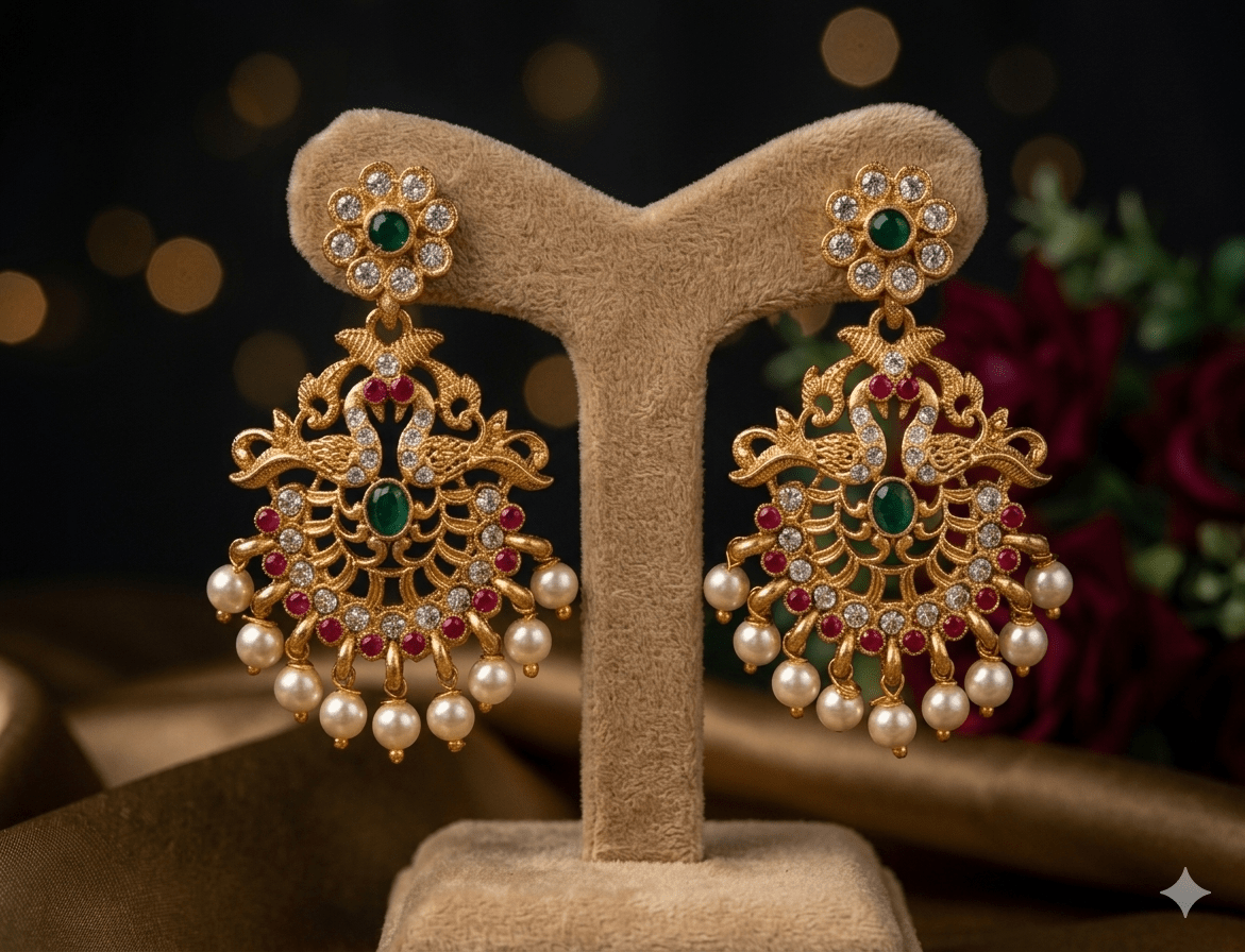 Antique Pearl Drop Chandbali Earrings with Ruby & Green Stones - Tara Dhara
