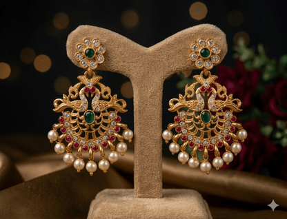 Antique Pearl Drop Chandbali Earrings with Ruby & Green Stones - Tara Dhara