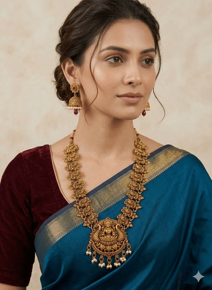 Antique Temple Lakshmi Gold - Plated Necklace Set with Pearl Drops & Jhumka Earrings | Elegant Traditional Jewellery - Tara Dhara