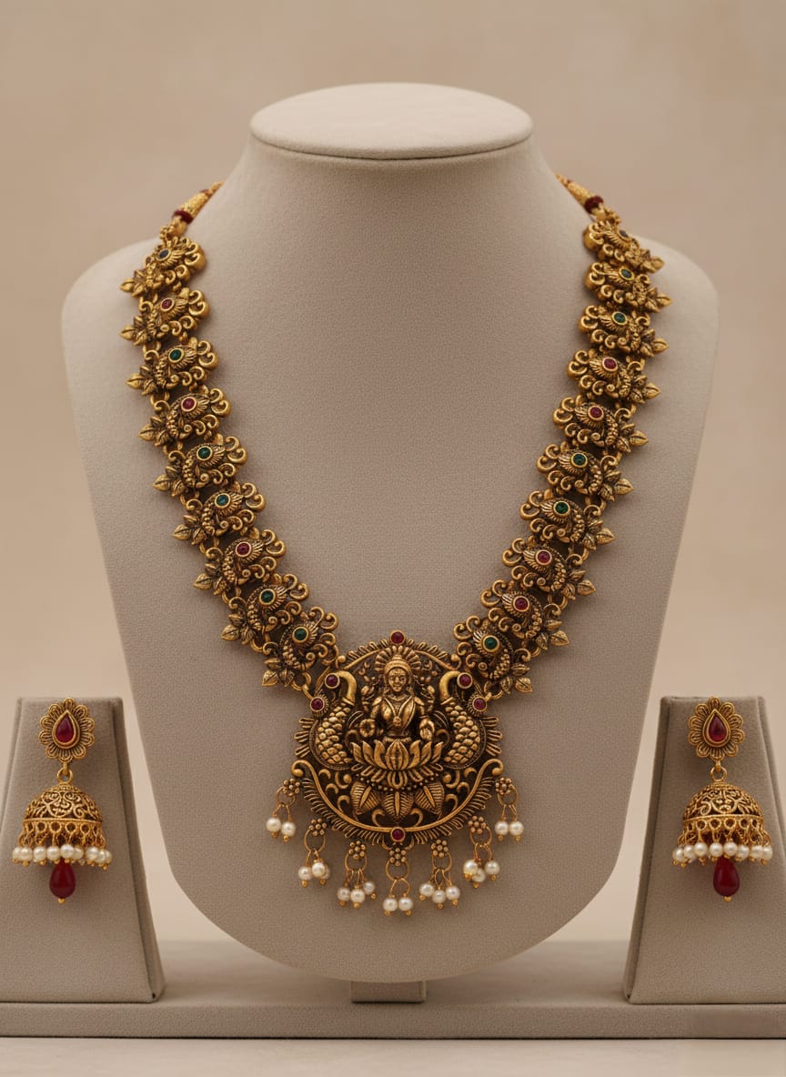 Antique Temple Lakshmi Gold - Plated Necklace Set with Pearl Drops & Jhumka Earrings | Elegant Traditional Jewellery - Tara Dhara