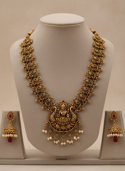 Antique Temple Lakshmi Gold - Plated Necklace Set with Pearl Drops & Jhumka Earrings | Elegant Traditional Jewellery - Tara Dhara