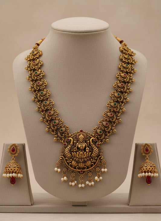 Antique Temple Lakshmi Gold - Plated Necklace Set with Pearl Drops & Jhumka Earrings | Elegant Traditional Jewellery - Tara Dhara