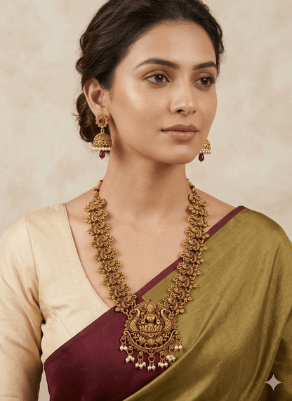 Antique Temple Lakshmi Gold - Plated Necklace Set with Pearl Drops & Jhumka Earrings | Elegant Traditional Jewellery - Tara Dhara