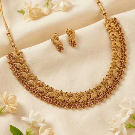 Antique Temple Leaf Necklace Set with Earrings - Tara Dhara