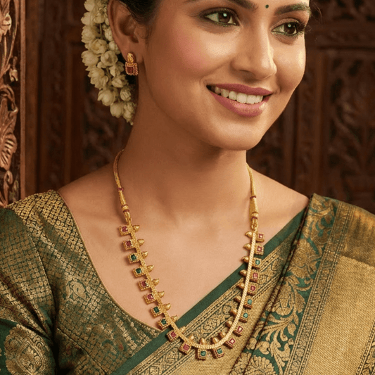 Classic Gold - Tone Temple Necklace with Ruby & Emerald Accents with Earrings - Tara Dhara