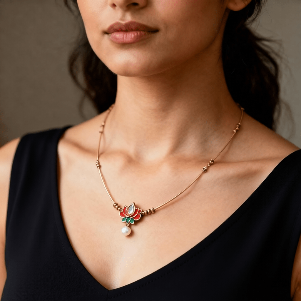 Delicate Wire Lotus Necklace in Antique Gold Finish - Tara Dhara