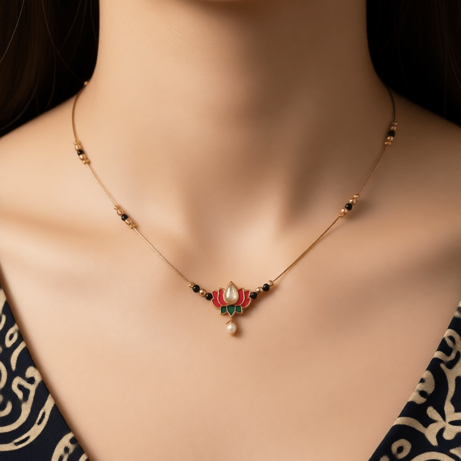 Delicate Wire Lotus Necklace in Antique Gold Finish - Tara Dhara