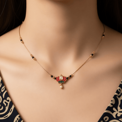 Delicate Wire Lotus Necklace in Antique Gold Finish - Tara Dhara