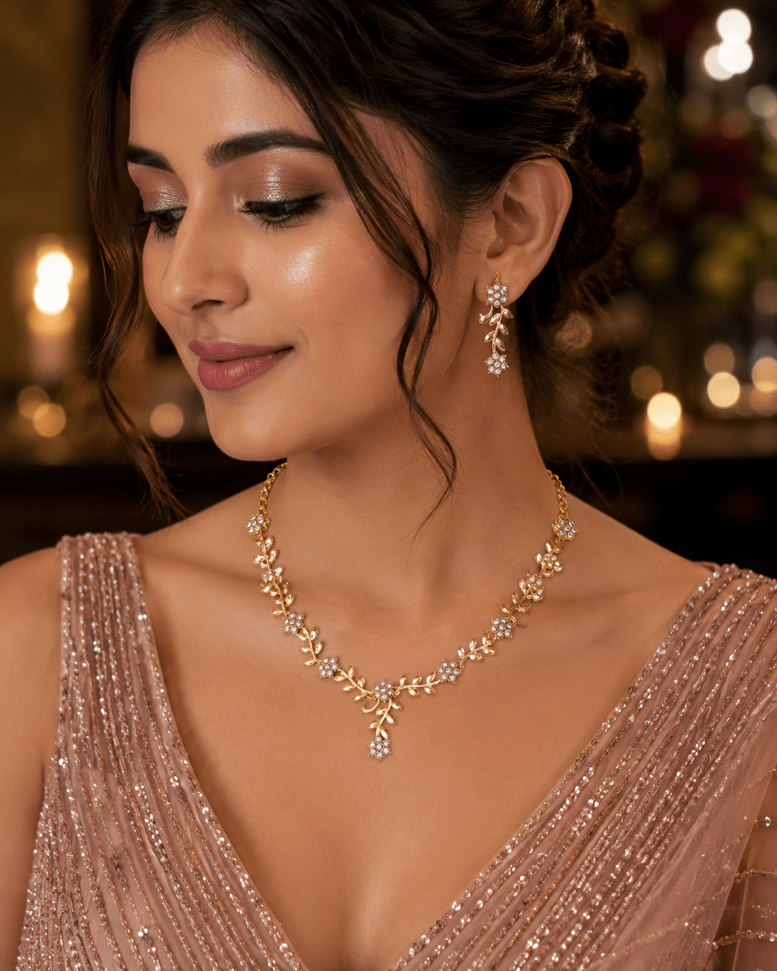 Elegant Floral Crystal Necklace Set with Earrings - Tara Dhara