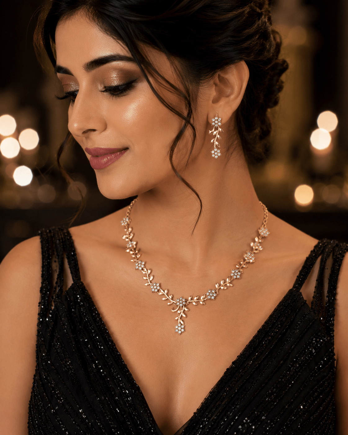 Elegant Floral Crystal Necklace Set with Earrings - Tara Dhara