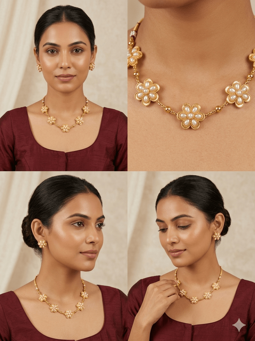 Elegant Floral Pearl Gold - Plated Necklace Set with Stud Earrings | Elegant Traditional Jewellery - Tara Dhara