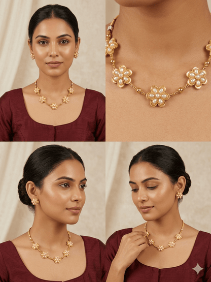 Elegant Floral Pearl Gold - Plated Necklace Set with Stud Earrings | Elegant Traditional Jewellery - Tara Dhara