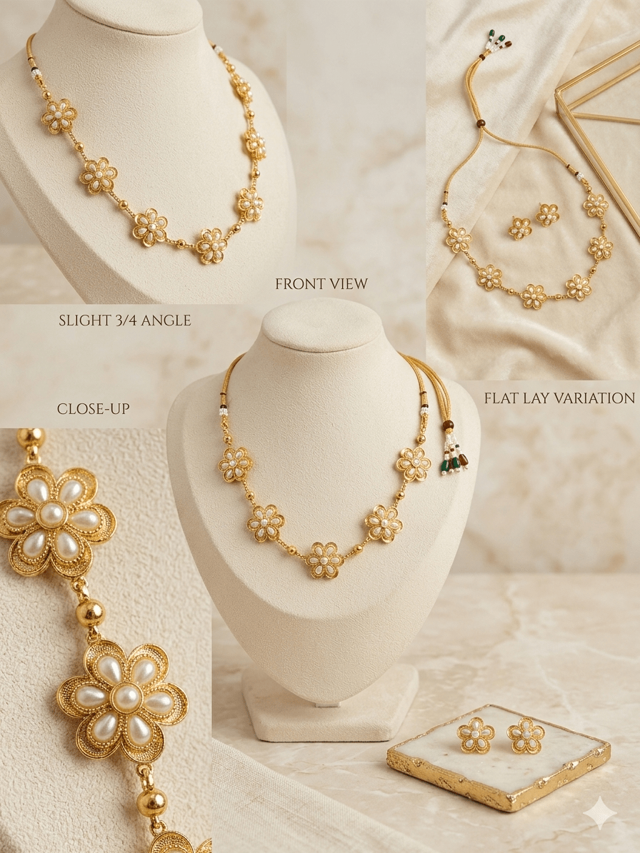 Elegant Floral Pearl Gold - Plated Necklace Set with Stud Earrings | Elegant Traditional Jewellery - Tara Dhara