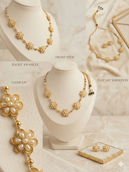 Elegant Floral Pearl Gold - Plated Necklace Set with Stud Earrings | Elegant Traditional Jewellery - Tara Dhara