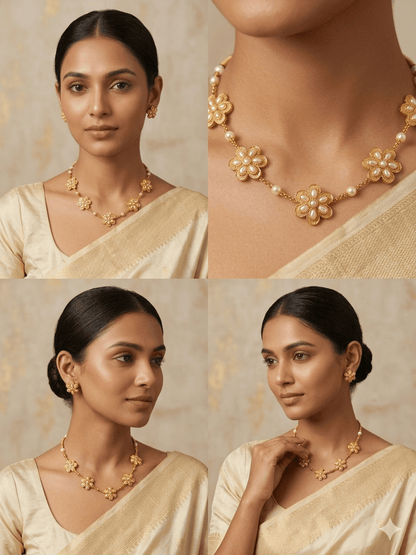 Elegant Floral Pearl Gold - Plated Necklace Set with Stud Earrings | Elegant Traditional Jewellery - Tara Dhara