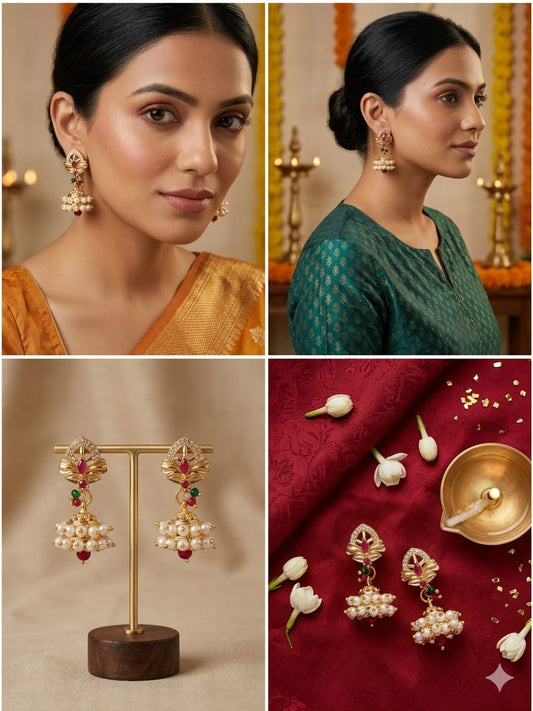 Elegant Gold - Plated Pearl Jhumka Earrings with Ruby & Green Stone Accents | Elegant Traditional Jewellery - Tara Dhara