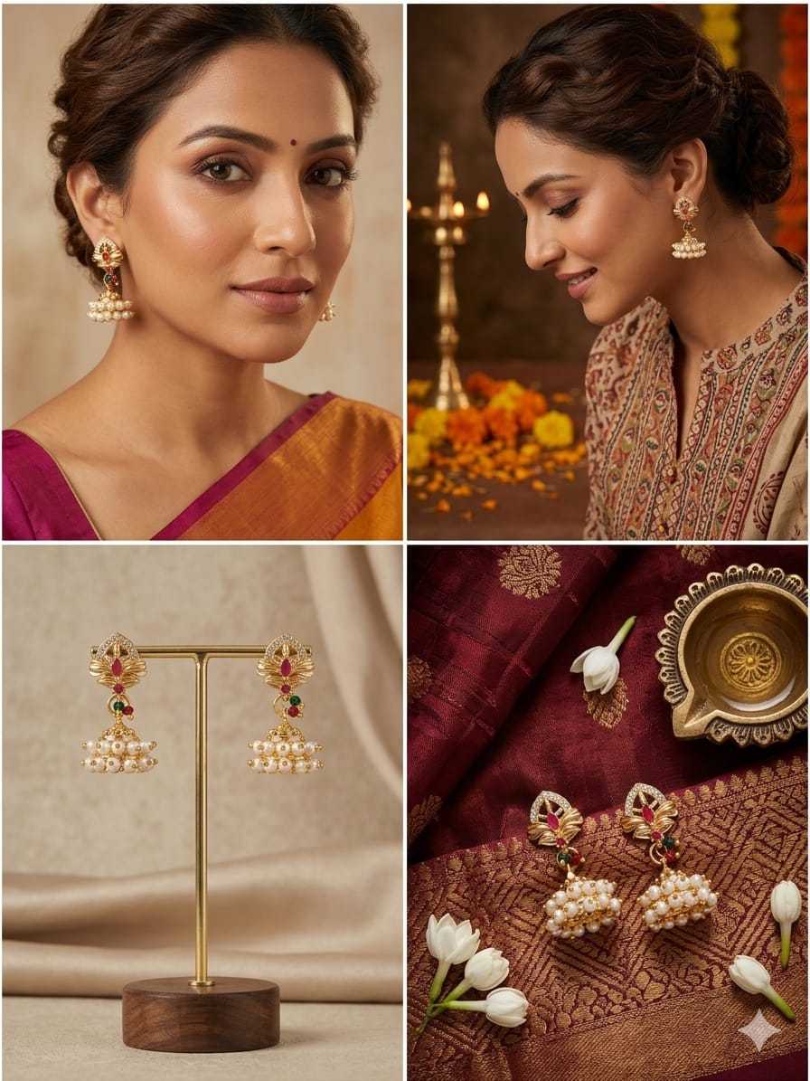 Elegant Gold - Plated Pearl Jhumka Earrings with Ruby & Green Stone Accents | Elegant Traditional Jewellery - Tara Dhara