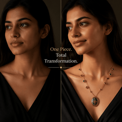 Elegant Green & Ruby Pendant Necklace | Antique Gold Finish Ethnic Necklace for Festive Wear - Tara Dhara