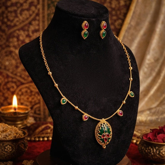 Elegant Green & Ruby Pendant Necklace | Antique Gold Finish Ethnic Necklace for Festive Wear - Tara Dhara