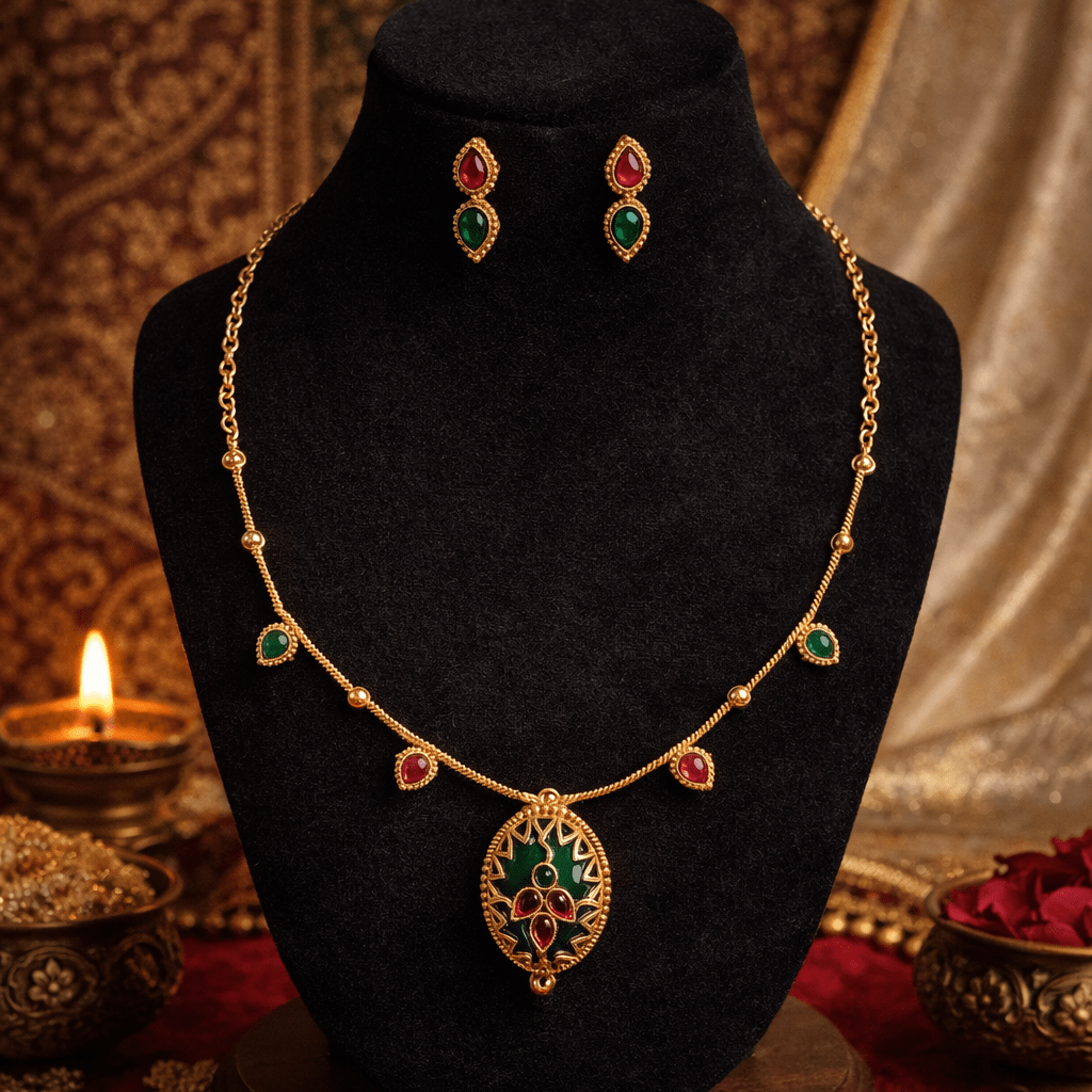 Elegant Green & Ruby Pendant Necklace | Antique Gold Finish Ethnic Necklace for Festive Wear - Tara Dhara