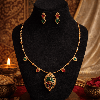 Elegant Green & Ruby Pendant Necklace | Antique Gold Finish Ethnic Necklace for Festive Wear - Tara Dhara